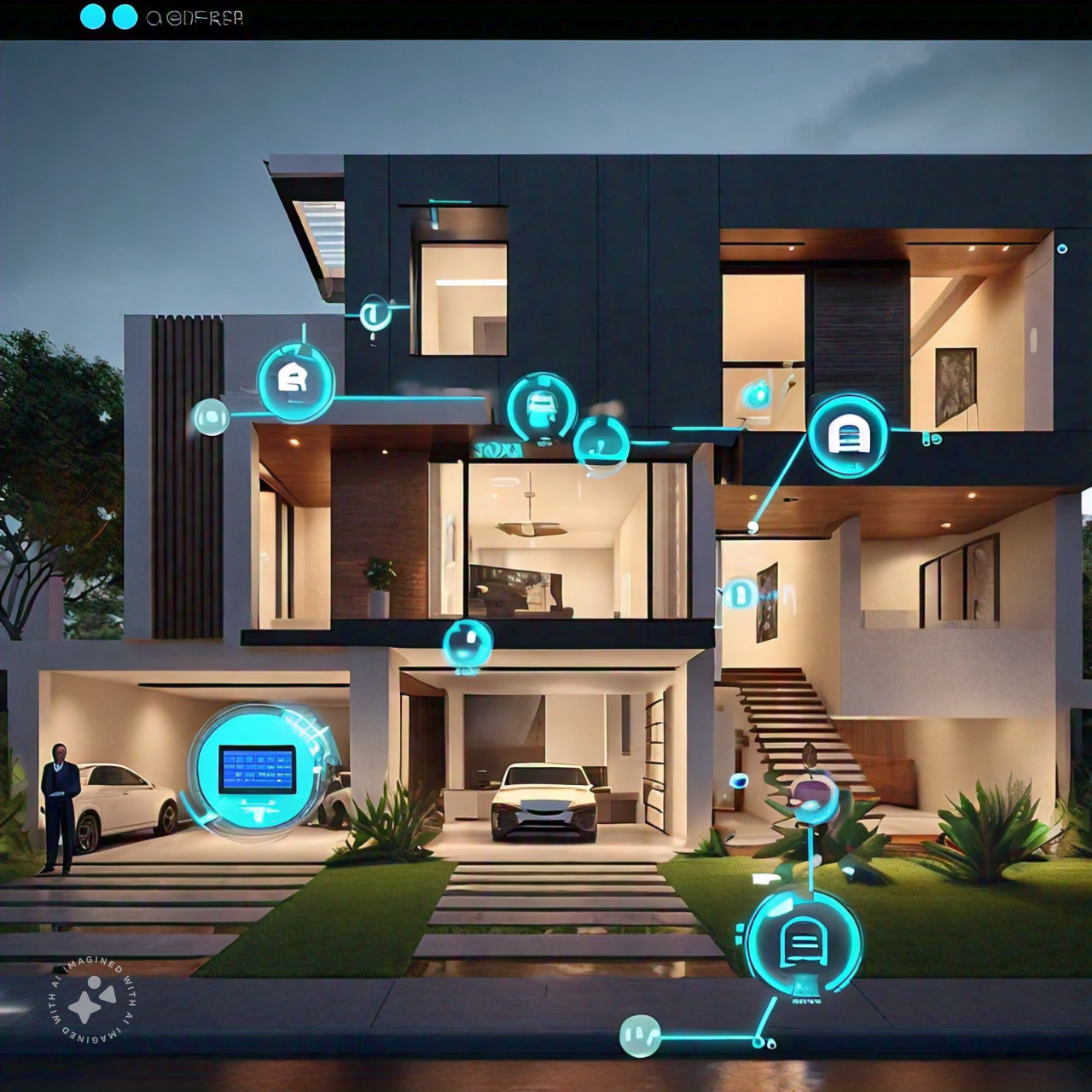 A futuristic 3D rendering of a sleek, modern smart home with holographic property management interface floating in front. The image showcases various aspects of property management such as security systems, energy efficiency controls, and tenant communication portals, all integrated into a single, user-friendly platform.